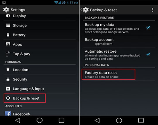 How can you factory reset an Android device?