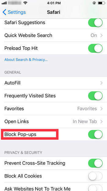How to disable pop up blocker iphone