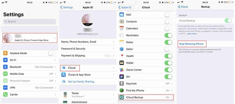 stop restoring iphone from icloud