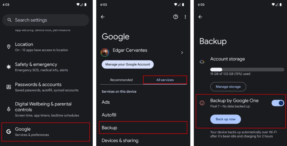 google backup old android