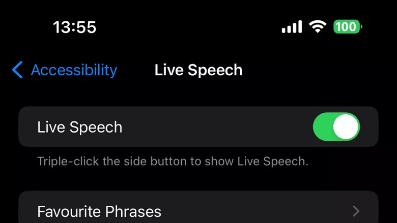 turn on live speech on settings