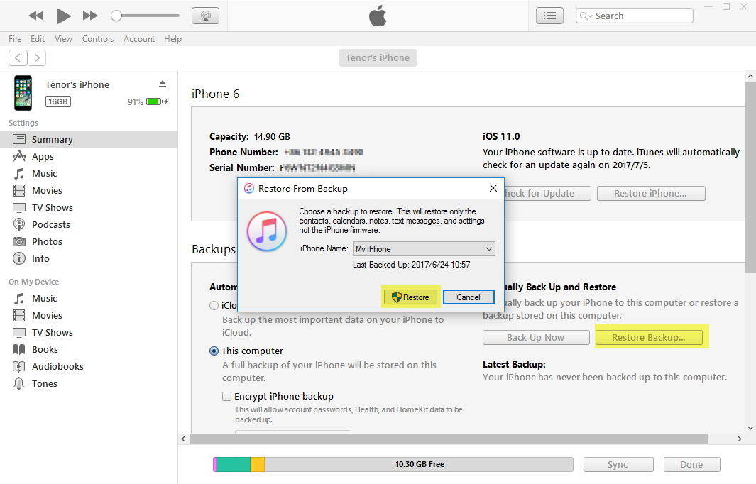 restore iphone from itunes backup