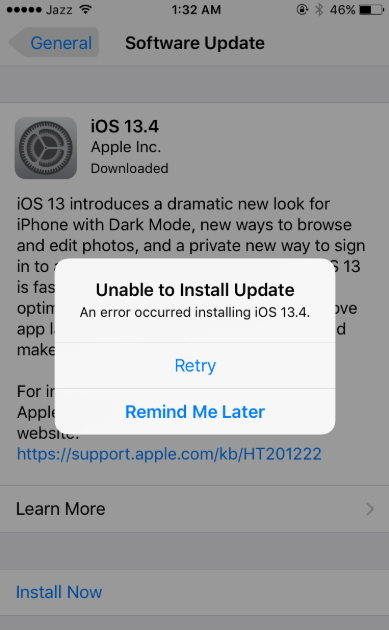 unable to install ios 13.4
