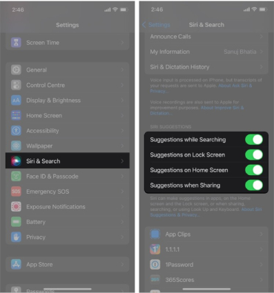 stop siri suggestion on iphone