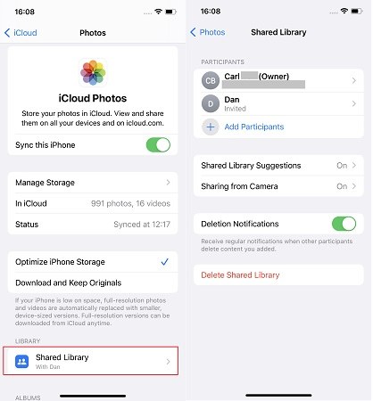 icloud shared library settings