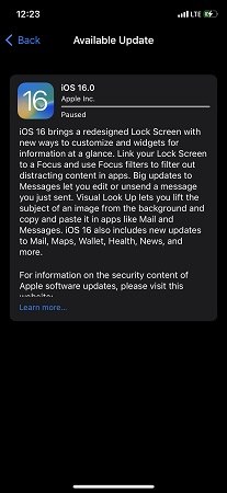 ios 16 update paused