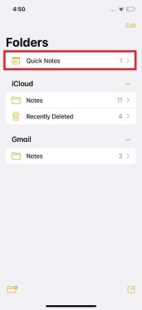 quick notes folder ios 16
