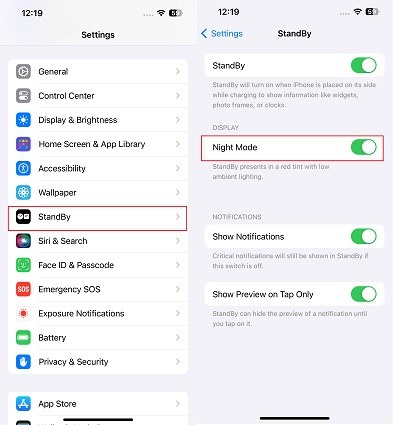 turn off ios 17 standby night mode