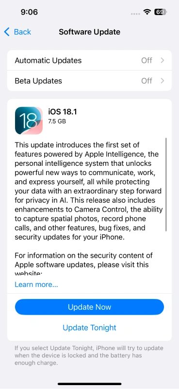 update to ios 18.1