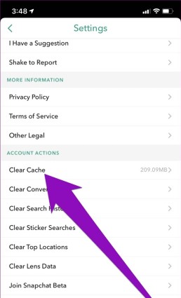 snapchat clear cache