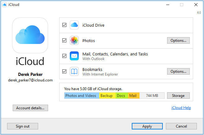 icloud for windows settings
