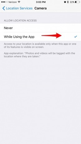 location camera  settings iphone