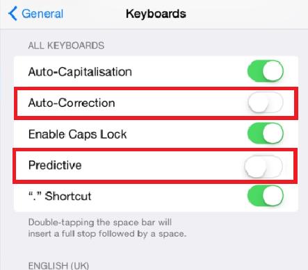 Toggle Auto-Correction and Predictive Text on iPad
