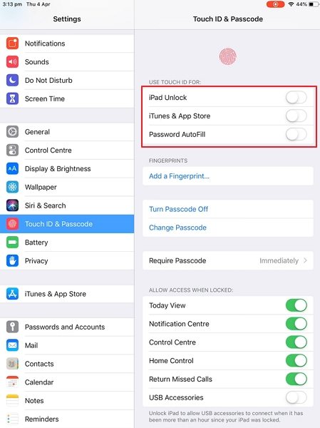 unable to activate touch id on this ipad