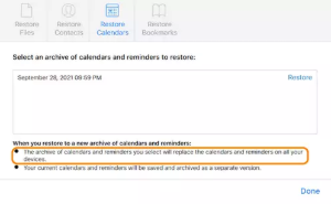 choosing the calendar archive to restore