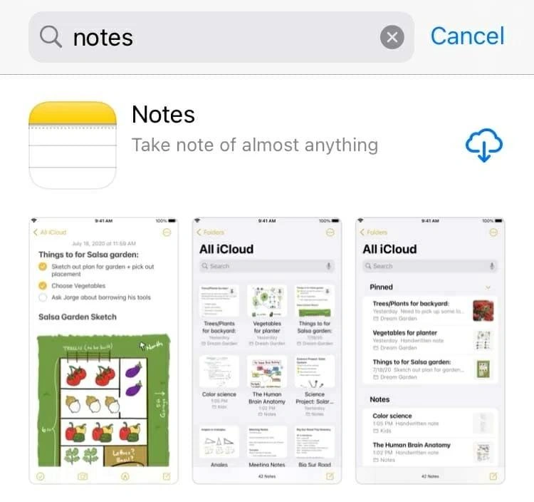 installing the Notes app again