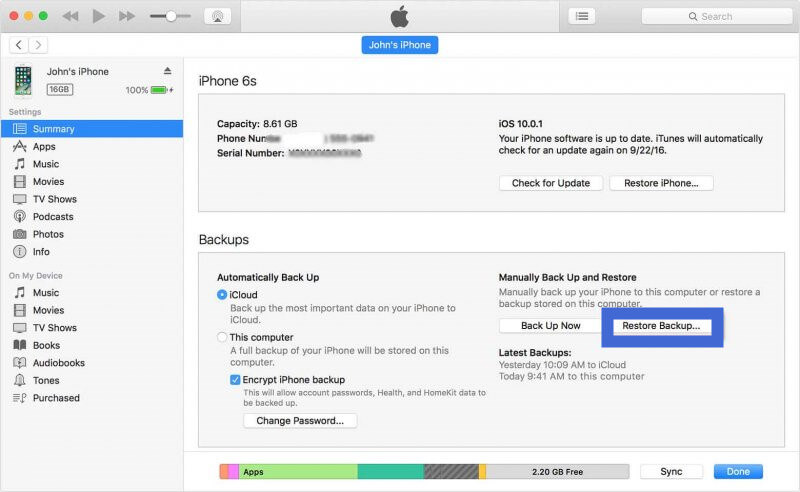 recover the lost data through iTunes 