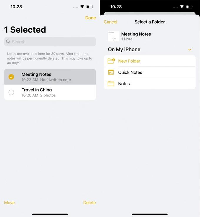 recovering the notes recently deleted