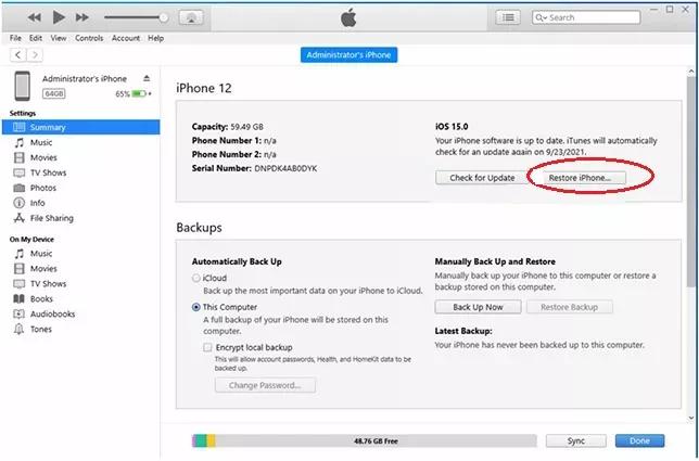 restore the itunes backup