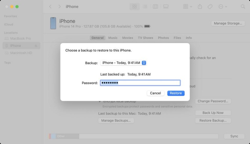  selecting the backup to restore