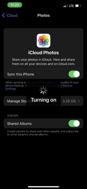 turn on the icloud photos sync