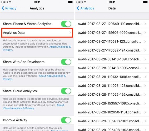 iPhone diagnostic data