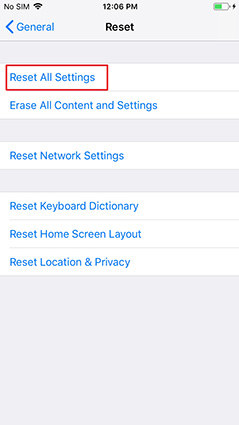 Tap on Reset All Settings on iPhone