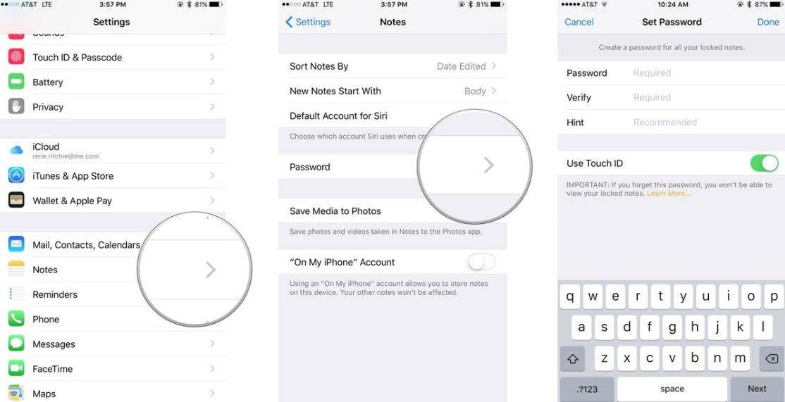 how to lock iphone notes with touch id or password