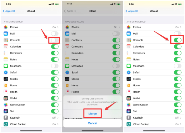 turn off and on the option for contacts in icloud