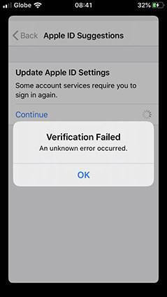 authentication failed error message ipad