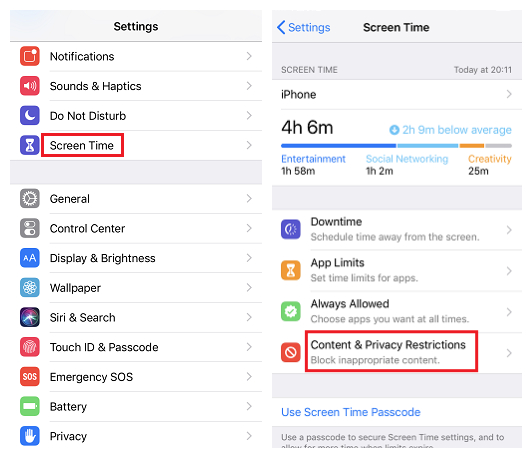 screen time content and  privacy restrictions