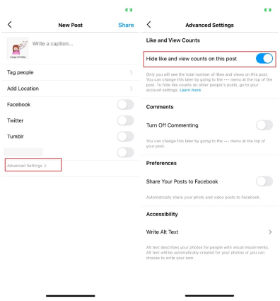hide likes on instagram before sharing a post