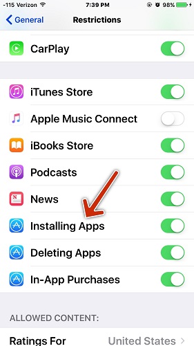 disable restriction for installing apps