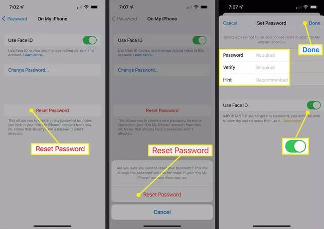 reset note password