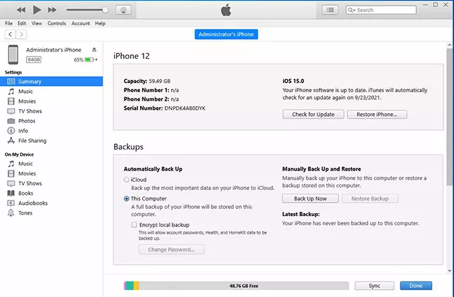 iTunes備份介面