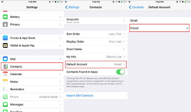 set icloud account as default account if contacts didn't transfer to new iphone