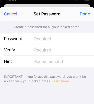 set notes password