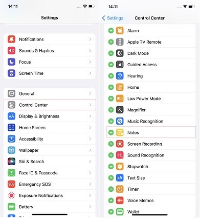 add quick notes to control center