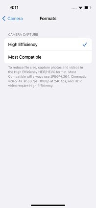 iPhone camera format settings