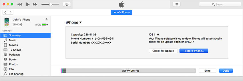 itunes summary restore