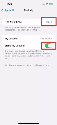 turn on find my iphone and share location