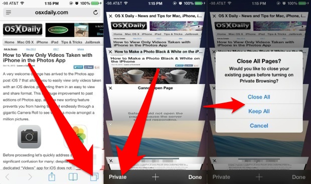how to use private browsing in ios 7