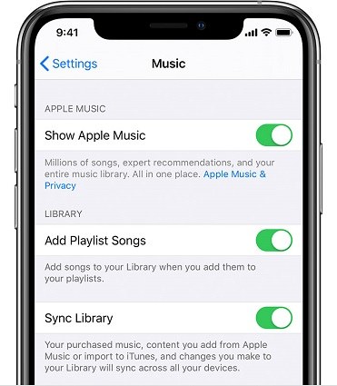 turn on sync library iphone