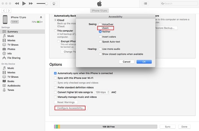 turn off zoom mode in itunes