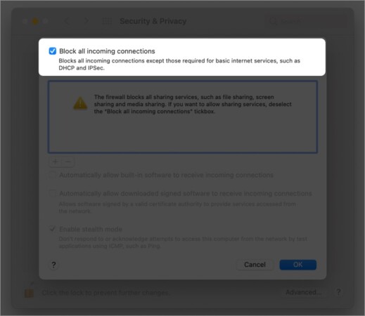 unblock all incoming connections