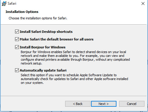 safari installation option in windows
