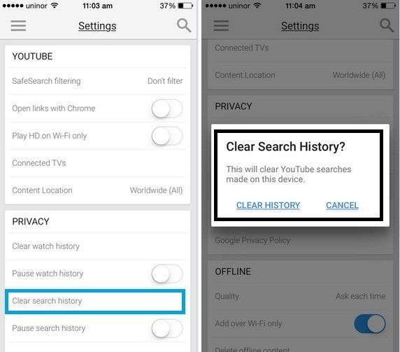 How to delete online youtube history from ipad