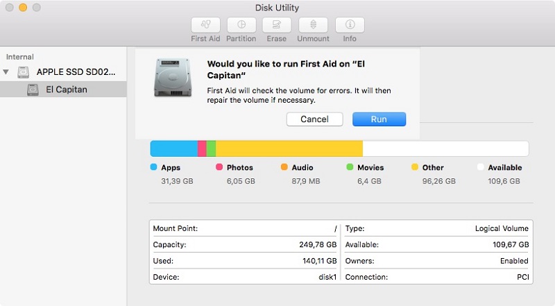 mac disk image incorrect free space first aid