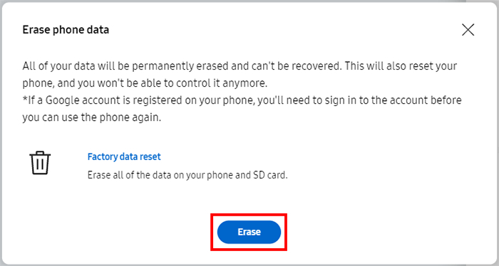 samsung find my mobile erase phone data