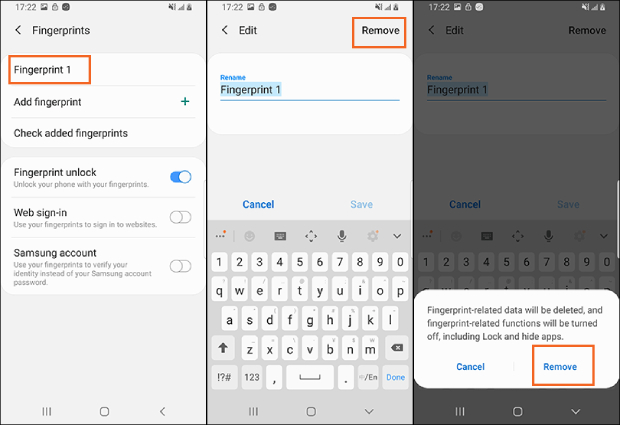 confrim to remove fingerprint on samsung s20/s21/s22